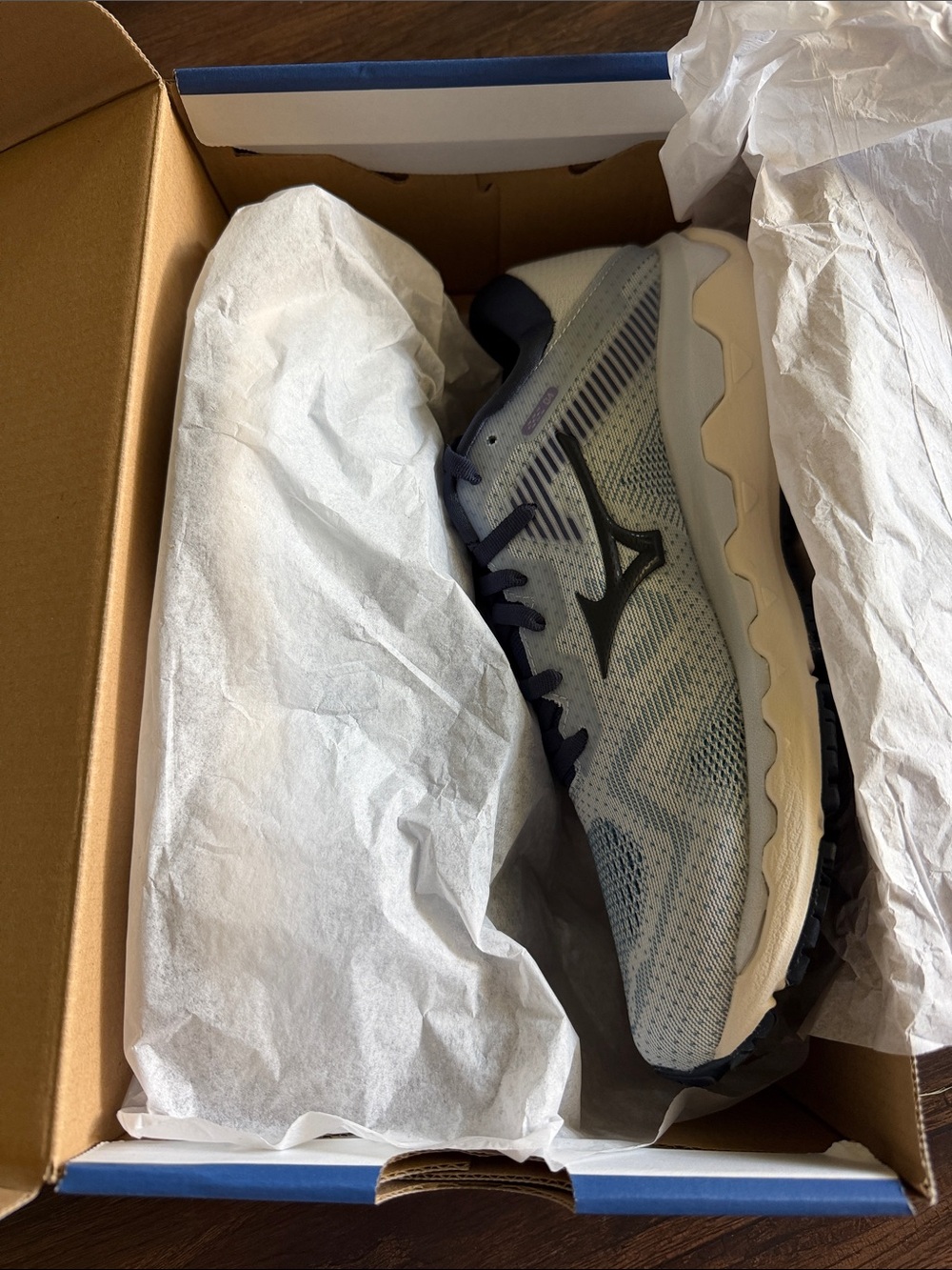 Mizuno Women's Wave Horizon 4 Running Shoe in Light Blue and Navy